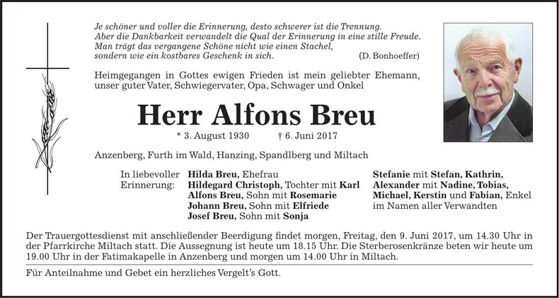 Traueranzeige Alfons Breu