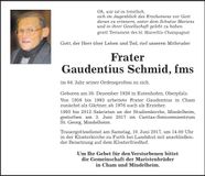 Traueranzeige Frater Gaudentius Schmid