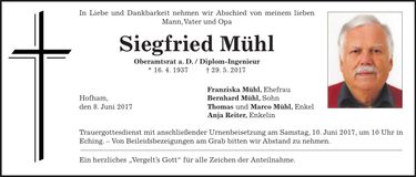Traueranzeige Siegfried Mühl