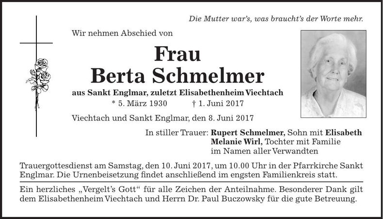 Traueranzeige Berta Schmelmer