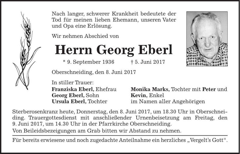 Traueranzeige Georg Eberl