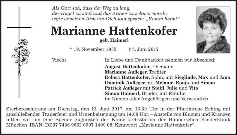 Traueranzeige Marianne Hattenkofer