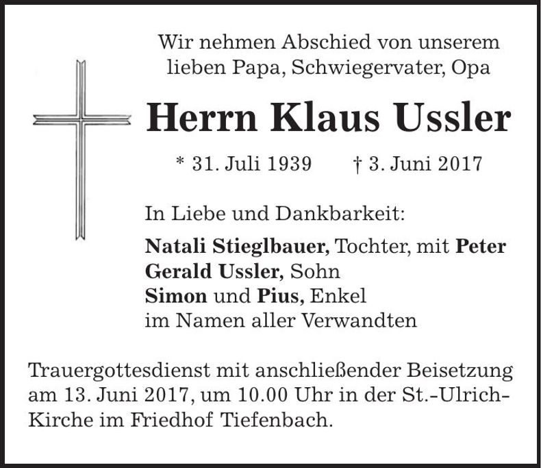 Traueranzeige Klaus Ussler