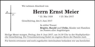 Traueranzeige Ernst Meier