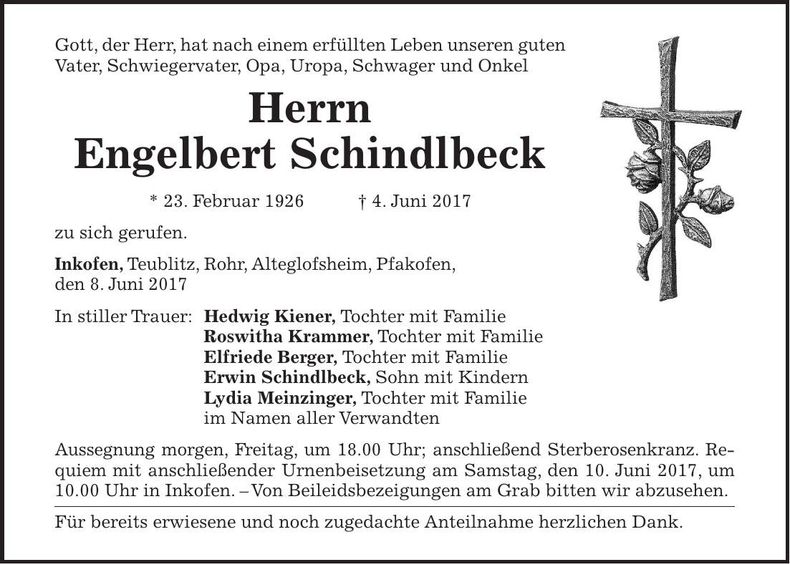 Traueranzeige Engelbert Schindlbeck