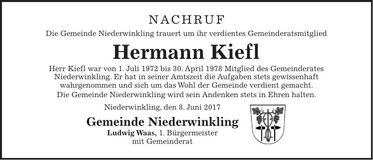 Traueranzeige Hermann Kiefl