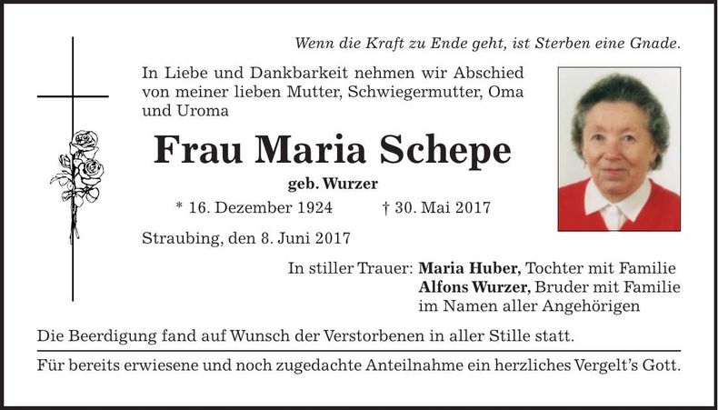 Traueranzeige Maria Schepe