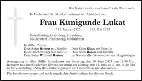 Traueranzeige Kunigunde Lukat