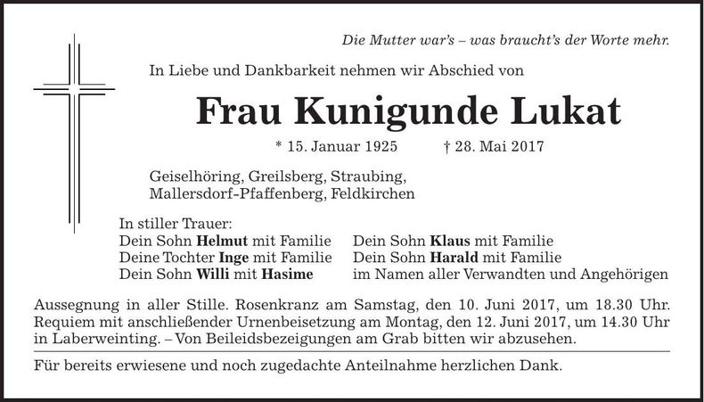 Traueranzeige Kunigunde Lukat