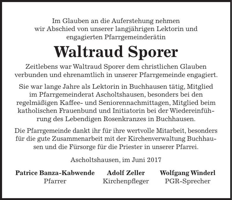 Traueranzeige Waltraud Sporer