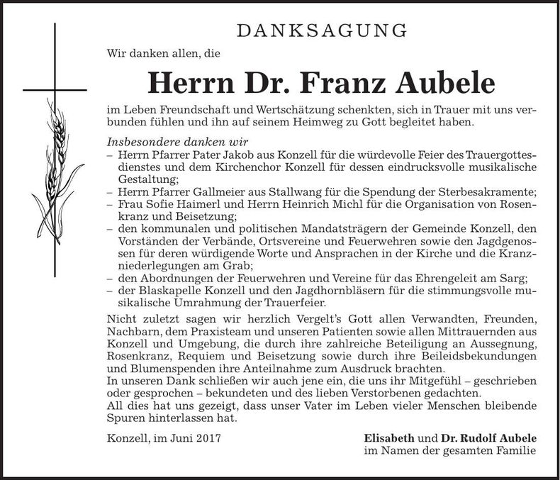 Traueranzeige Dr. Franz Aubele