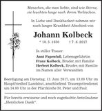 Traueranzeige Johann Kolbeck