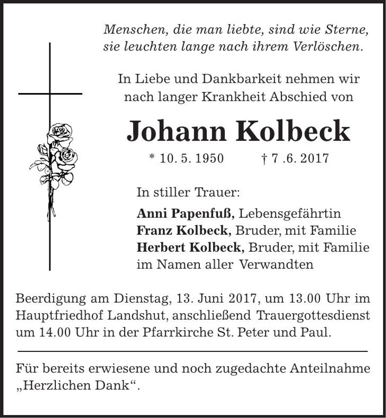 Traueranzeige Johann Kolbeck