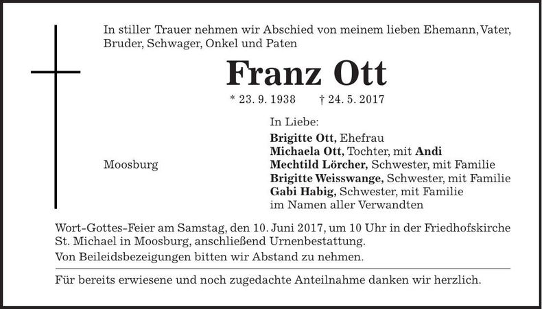 Traueranzeige Franz Ott