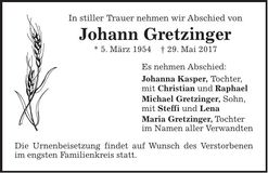 Traueranzeige Johann Gretzinger