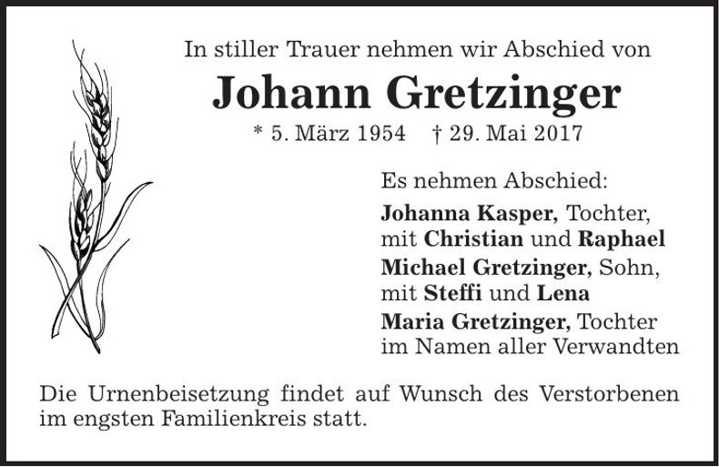 Traueranzeige Johann Gretzinger