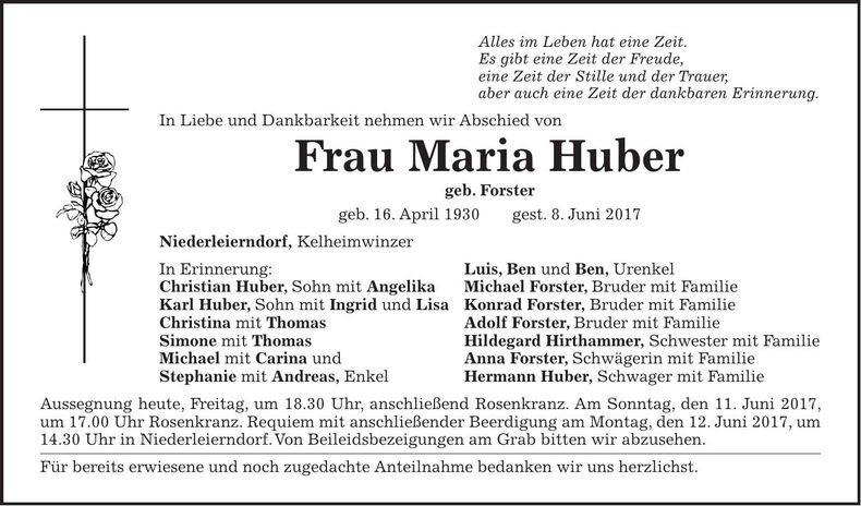 Traueranzeige Maria Huber