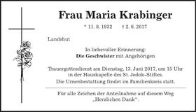 Traueranzeige Maria Krabinger