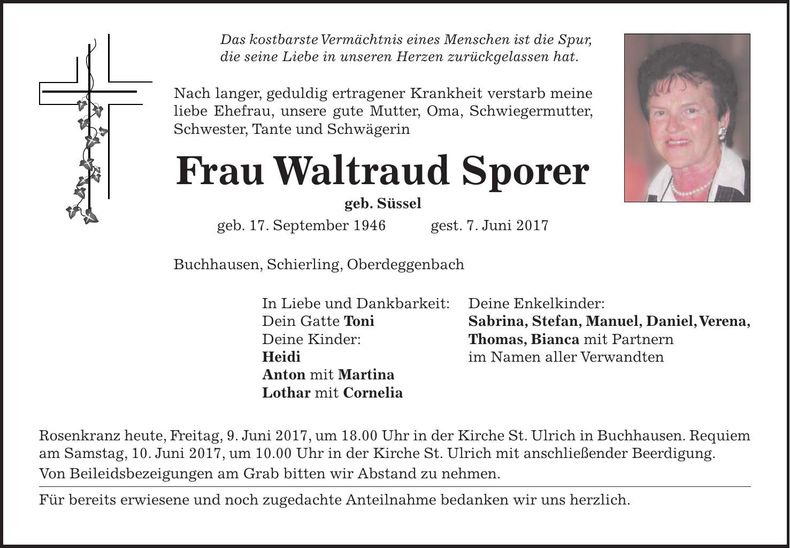 Traueranzeige Waltraud Sporer