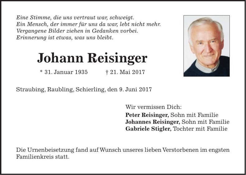 Traueranzeige Johann Reisinger