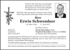 Traueranzeige Erwin Schwendner