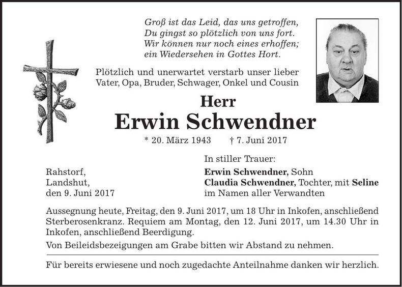 Traueranzeige Erwin Schwendner