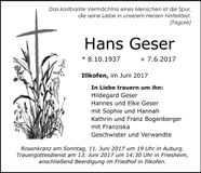 Traueranzeige Hans Geser