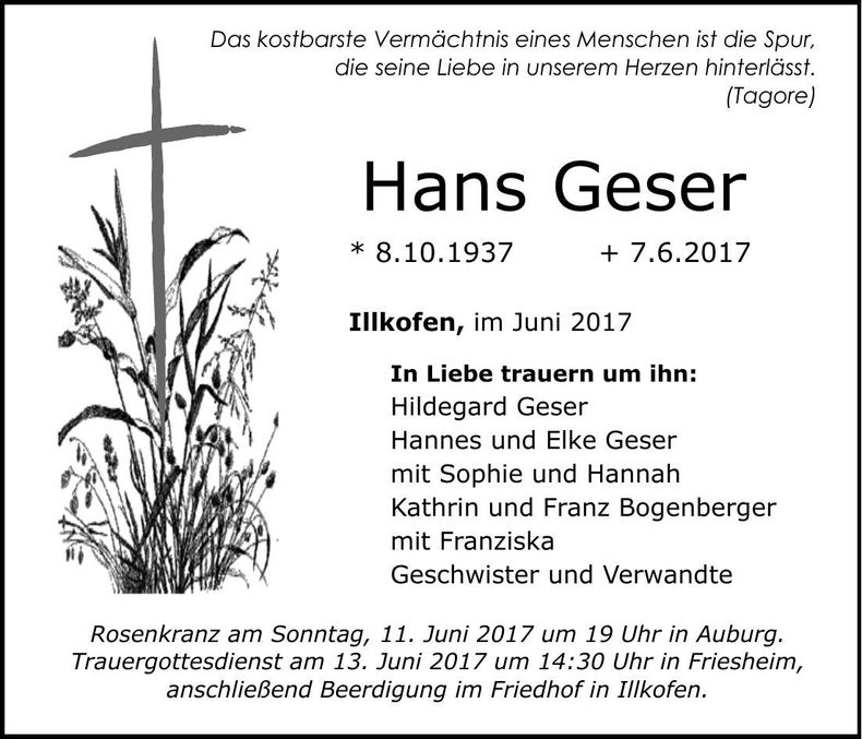 Traueranzeige Hans Geser