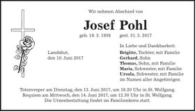 Traueranzeige Josef Pohl
