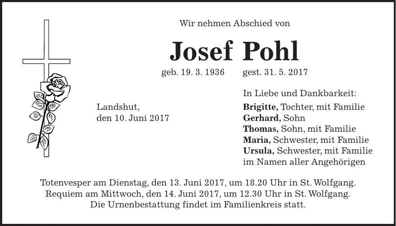 Traueranzeige Josef Pohl