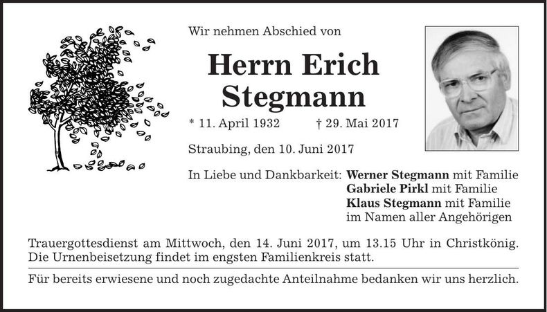 Traueranzeige Erich Stegmann
