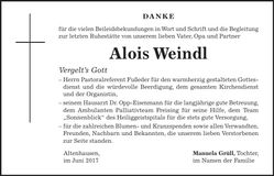 Traueranzeige Alois Weindl