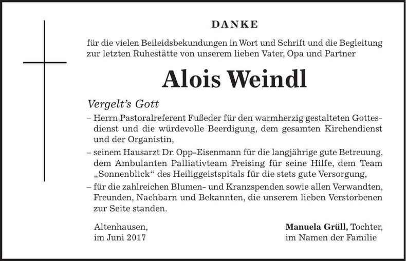 Traueranzeige Alois Weindl