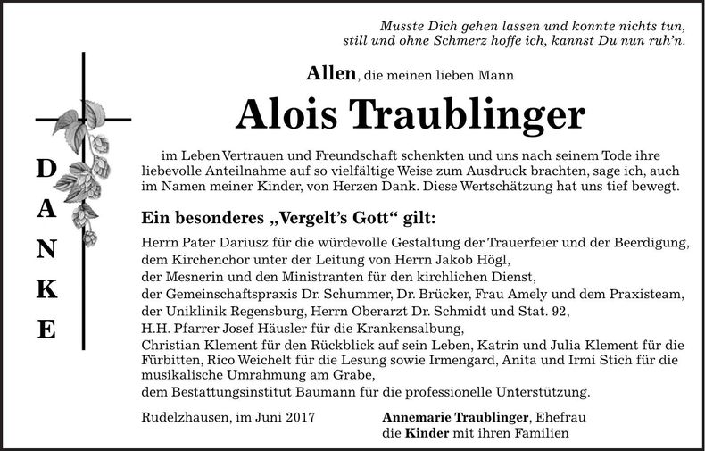 Traueranzeige Alois Traublinger