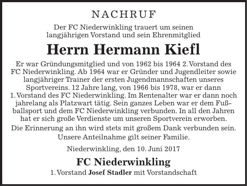 Traueranzeige Hermann Kiefl