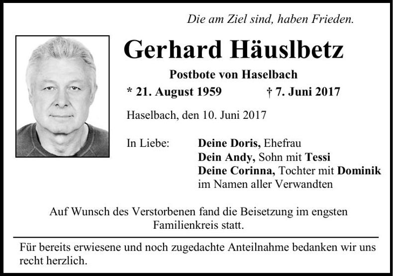 Traueranzeige Gerhard Häuslbetz