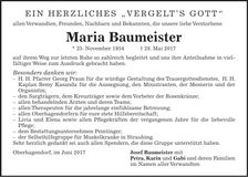 Traueranzeige Maria Baumeister