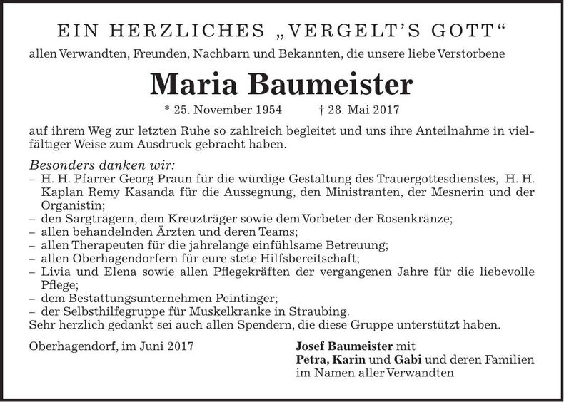 Traueranzeige Maria Baumeister