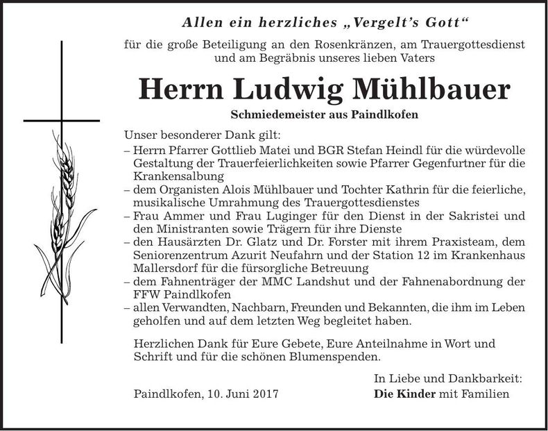 Traueranzeige Ludwig Mühlbauer