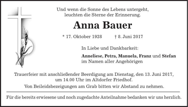 Traueranzeige Anna Bauer