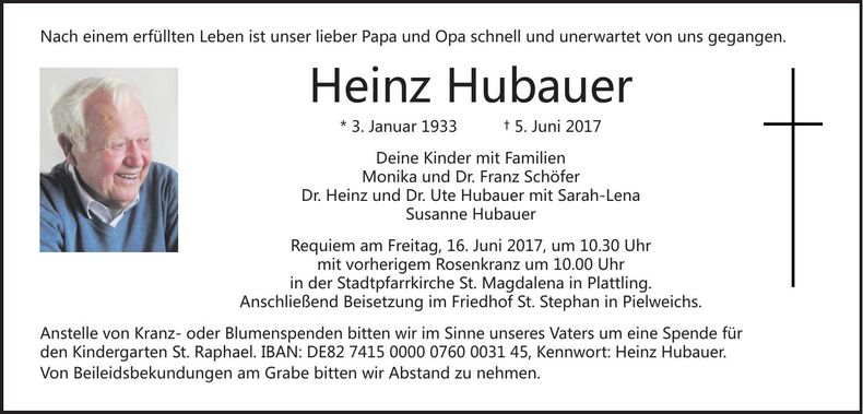Traueranzeige Heinz Hubauer