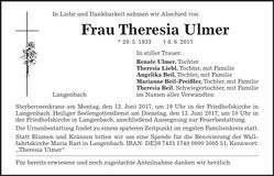 Traueranzeige Theresia Ulmer