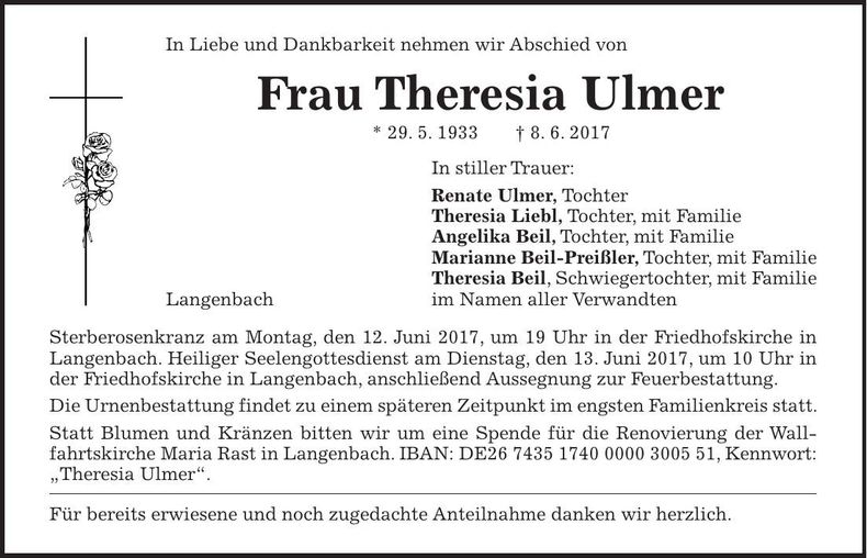 Traueranzeige Theresia Ulmer