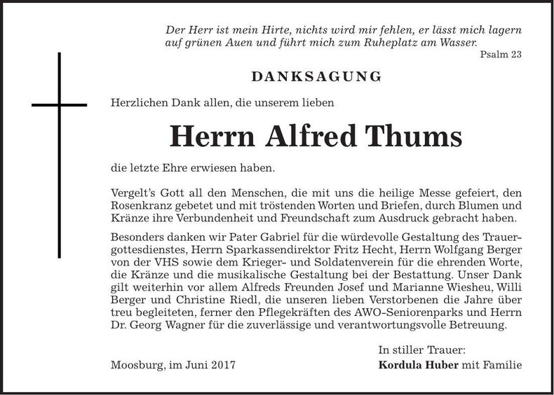 Traueranzeige Alfred Thums