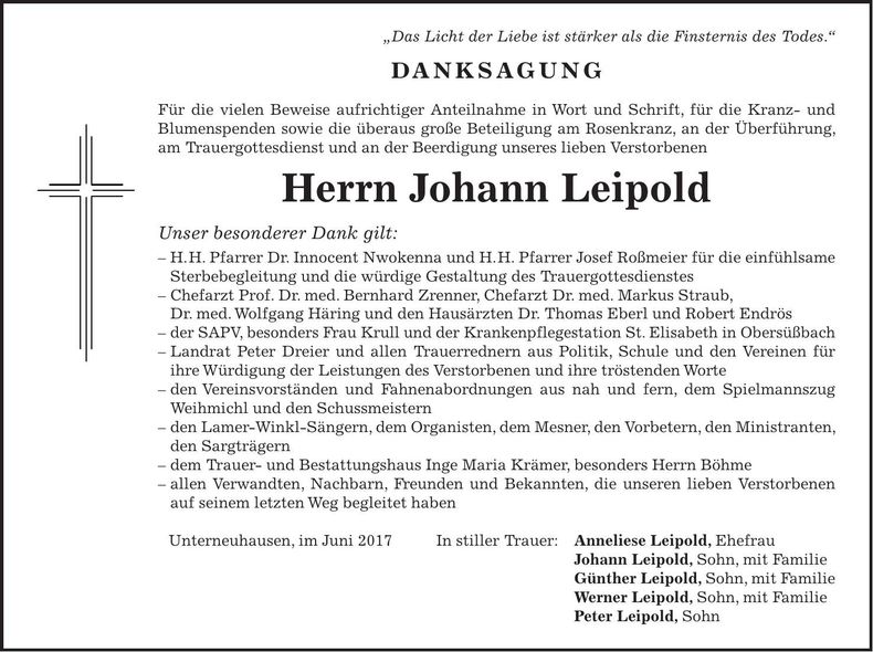 Traueranzeige Johann Leipold