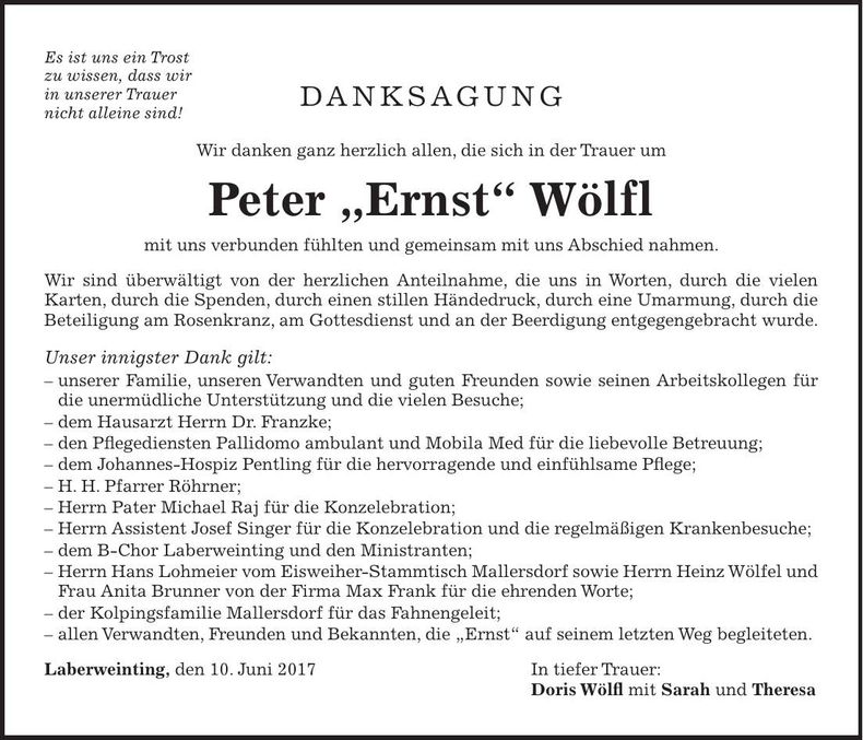 Traueranzeige Peter "Ernst" Wölfl