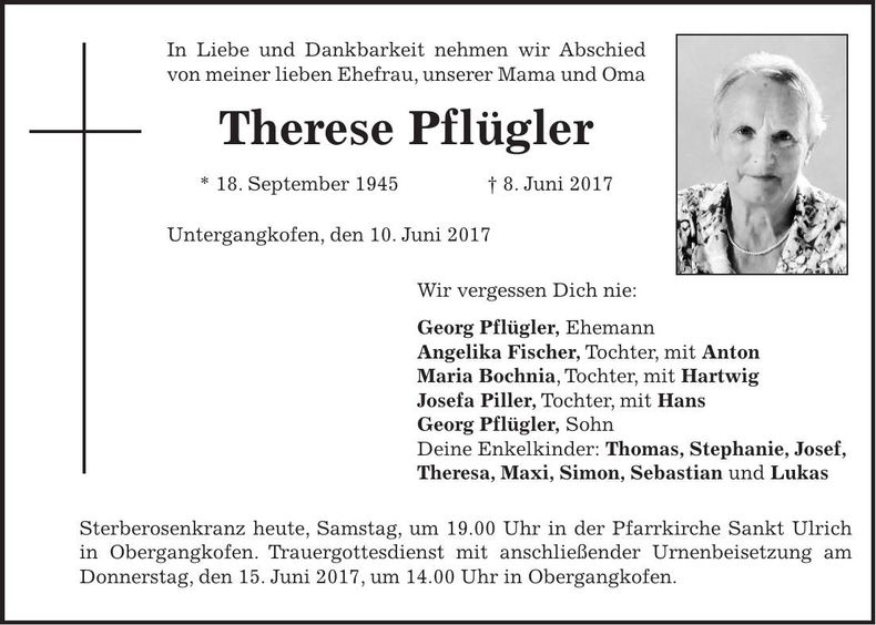 Traueranzeige Therese Pflügler