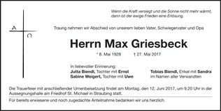 Traueranzeige Max Griesbeck