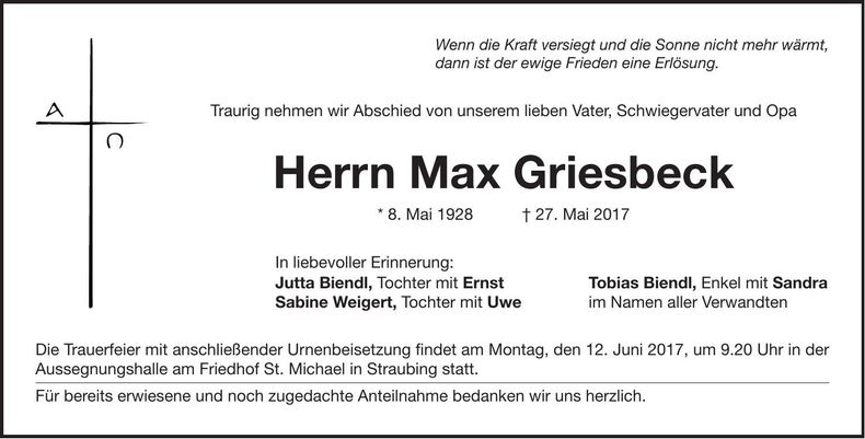 Traueranzeige Max Griesbeck