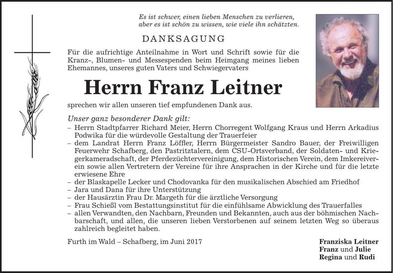 Traueranzeige Franz Leitner